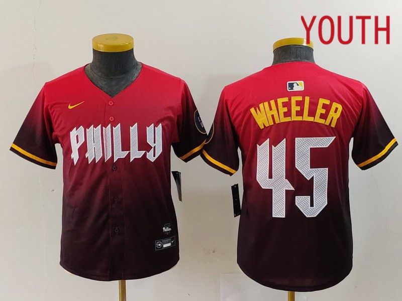 Youth Philadelphia Phillies #45 Wheeler Red City Edition 2024 Nike MLB Jersey style 1->youth mlb jersey->Youth Jersey